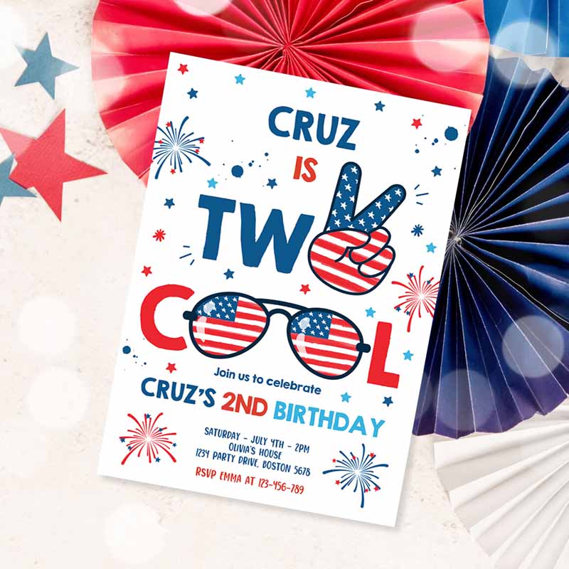 4th Of July Kids Birthday Invitation, Two Cool Dude Of July Kids Birthday Invitation, Memorial Day Kids Birthday Party