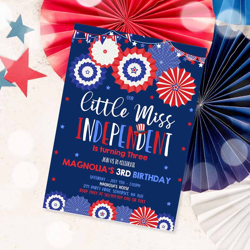 4th Of July Kids Birthday, Invite Of July Little Miss Independent Kids Birthday Invitation, Memorial Day Kids Birthday