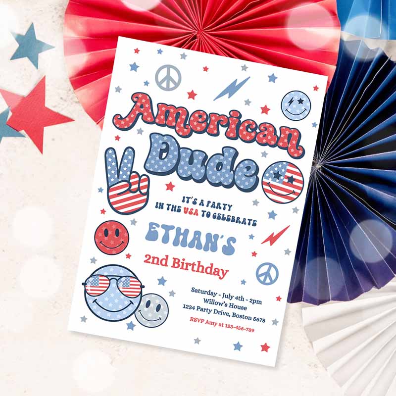 4th Of July Kids Birthday, Retro American Dude Kids Birthday Party, Invite America Vibes Kids Birthday Party