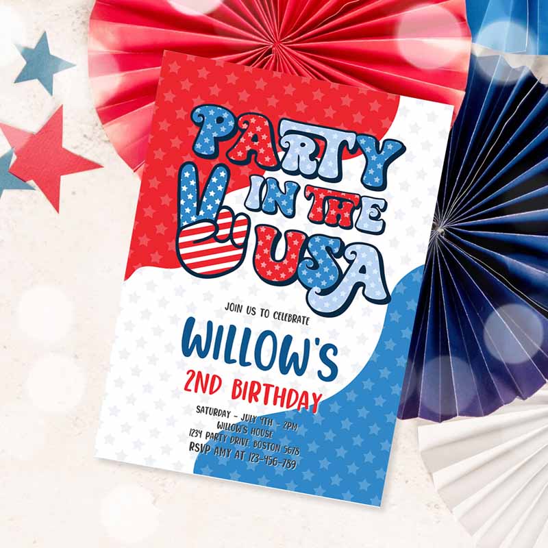 4th Of July Kids Birthday, Retro Groovy Party, Ine USA Invite Red White And Groovy Kids Birthday Party