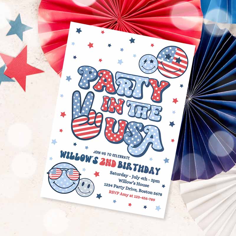 4th Of July Kids Birthday, Retro Groovy Party, Ine USA Invite Red White Groovy Kids Birthday Party