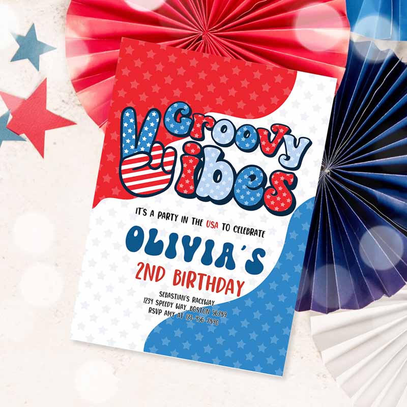 4th Of July Kids Birthday, Retro Groovy Vibes Kids Birthday Party, Red White And Groovy Kids Birthday Party