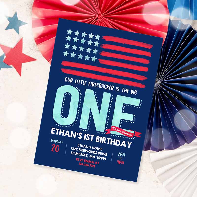 4th Of July Invitation, 4th Of July Kids Birthday Invitation, Vintage Of July Patriotic Kids Birthday, Red White And Blue