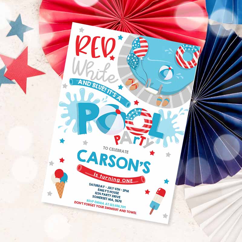 4th Of July Pool Party, Kids Birthday Invitation, 4th Of July Summer Pool Party, Invite Pool BBQ Kids Birthday Invitation