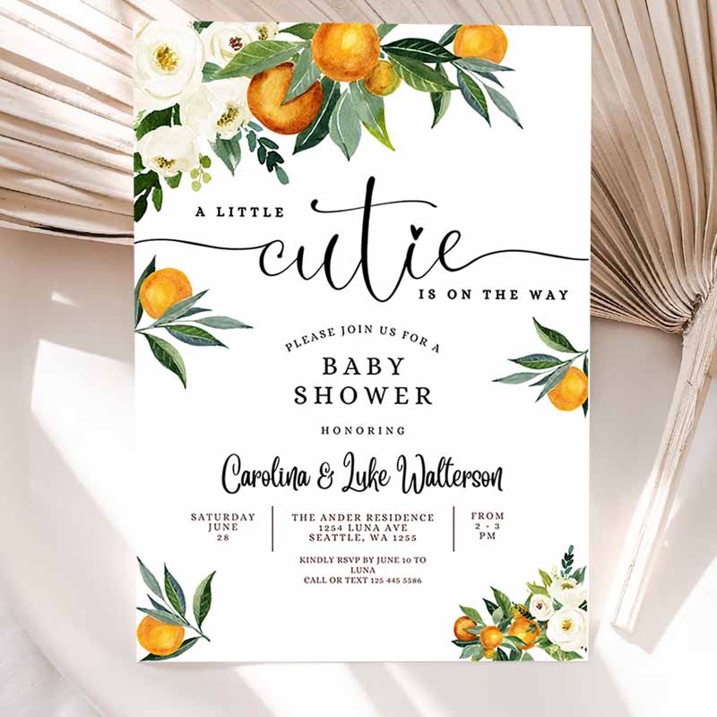 A Little Cutie is one Way Greenery Orange Gender Neutral Baby Shower Invitation