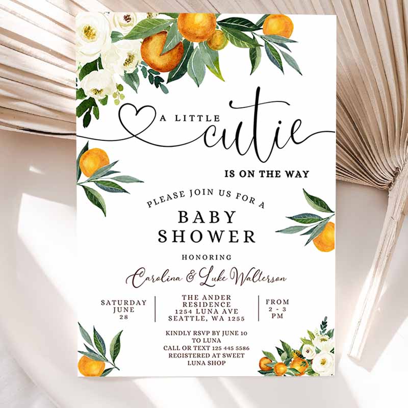 A Little Cutie is one Way Greenery Orange Gender Neutral Couples Baby Shower Invitation