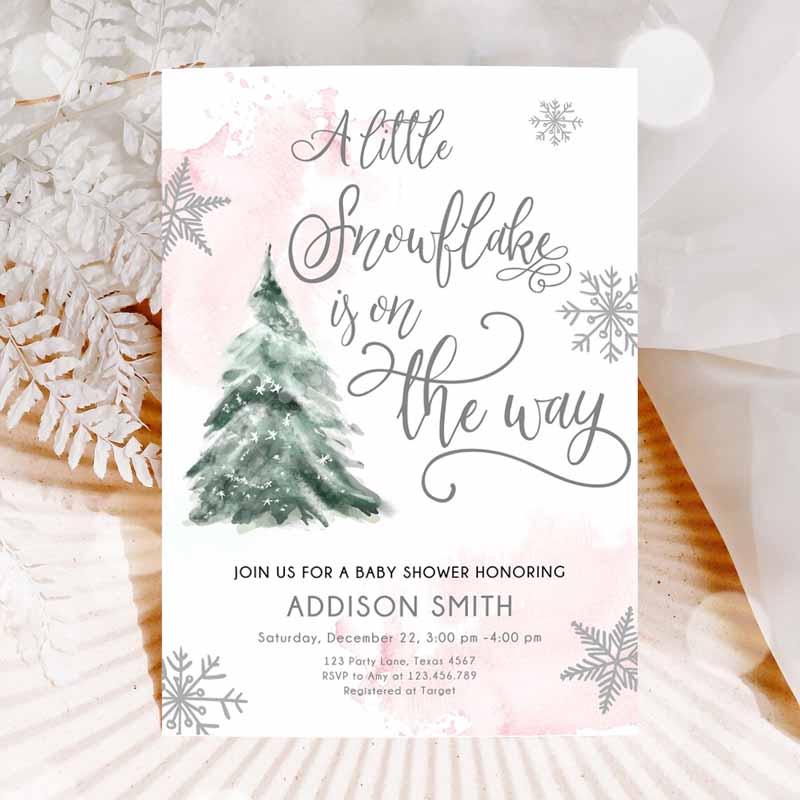 A Little Snowflake is one Way Baby Shower Invitation, Winter Girl Blush Pink Snow Watercolor Tree