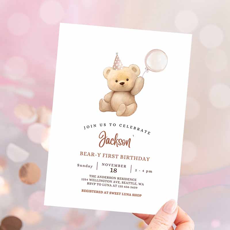 ANY AGE Brown Boy Teddy Bear Kids Birthday Invitation, Balloon Beary Kids Birthday