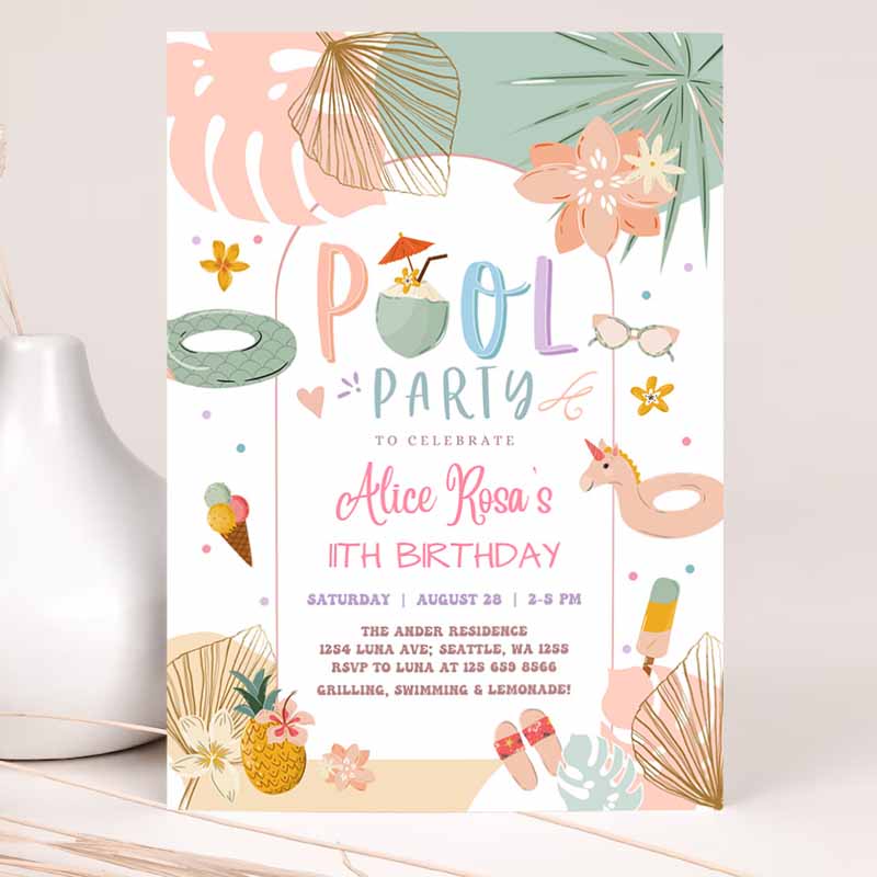 ANY AGE Girl Tropical Pool Party, Kids Birthday Invitation, Modern Simple Chic Pool Party