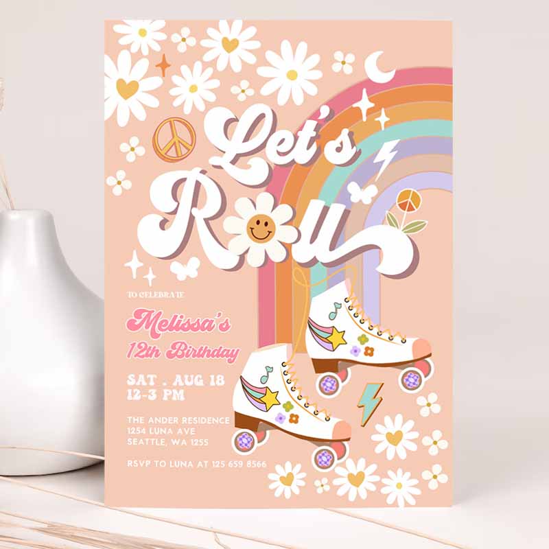 ANY AGE Let's Roll Retro Groovy Roller Skate Kids Birthday, Daisy Rainbow Kids Birthday