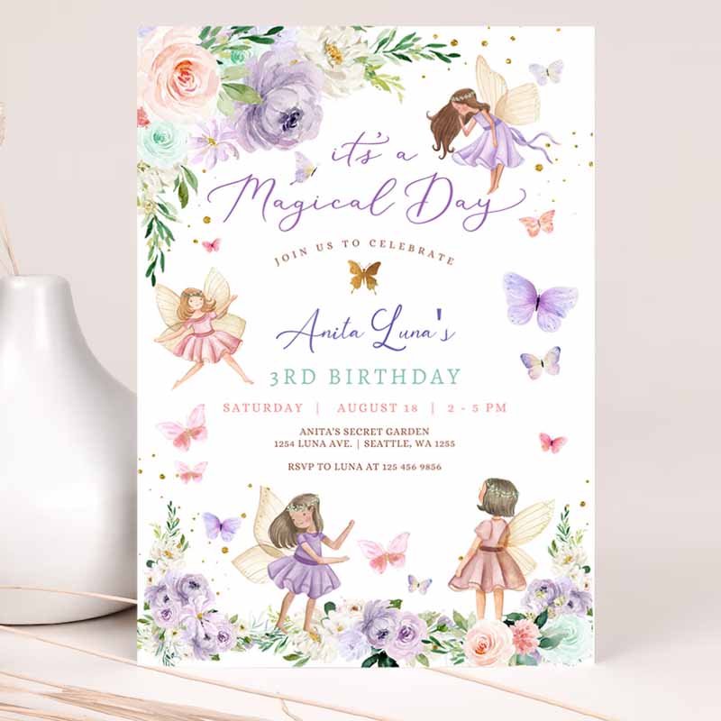 ANY AGE Purple Pink Fairy Kids Birthday Invitation, Butterfly Magical Wildflower Fairy Fairy Kids Birthday