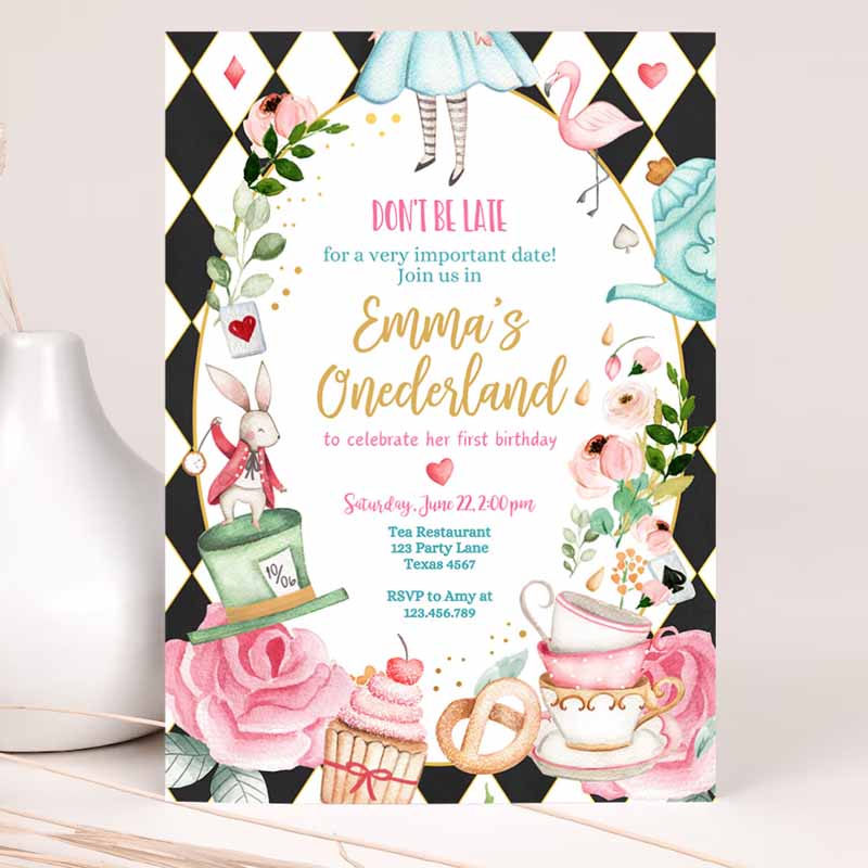 Alice In Wonderland Kids Birthday Invitation, Girl First Kids Birthday, Onederland Tea Party, Pink