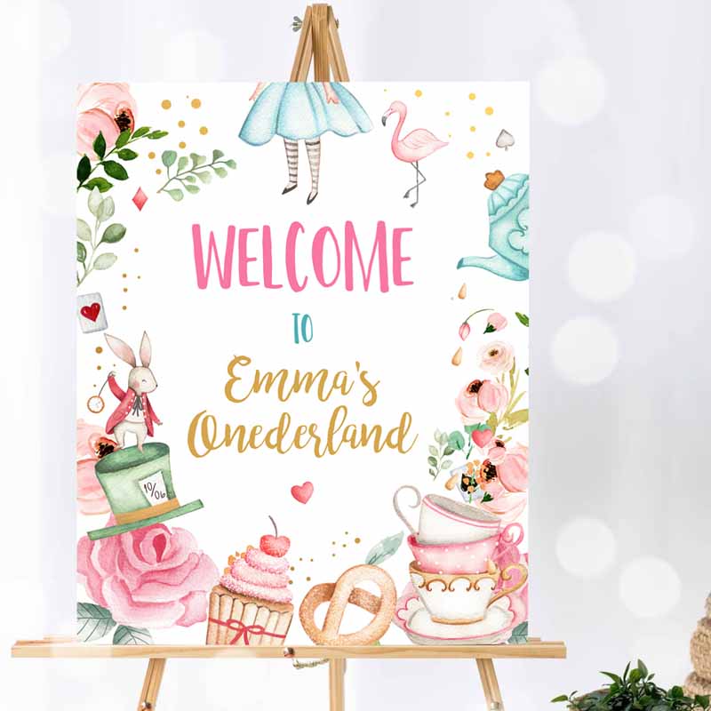 Alice in Wonderland Welcome Sign, Alice in Onederland Kids Birthday, Girl Pink Mad Tea Party, Shower