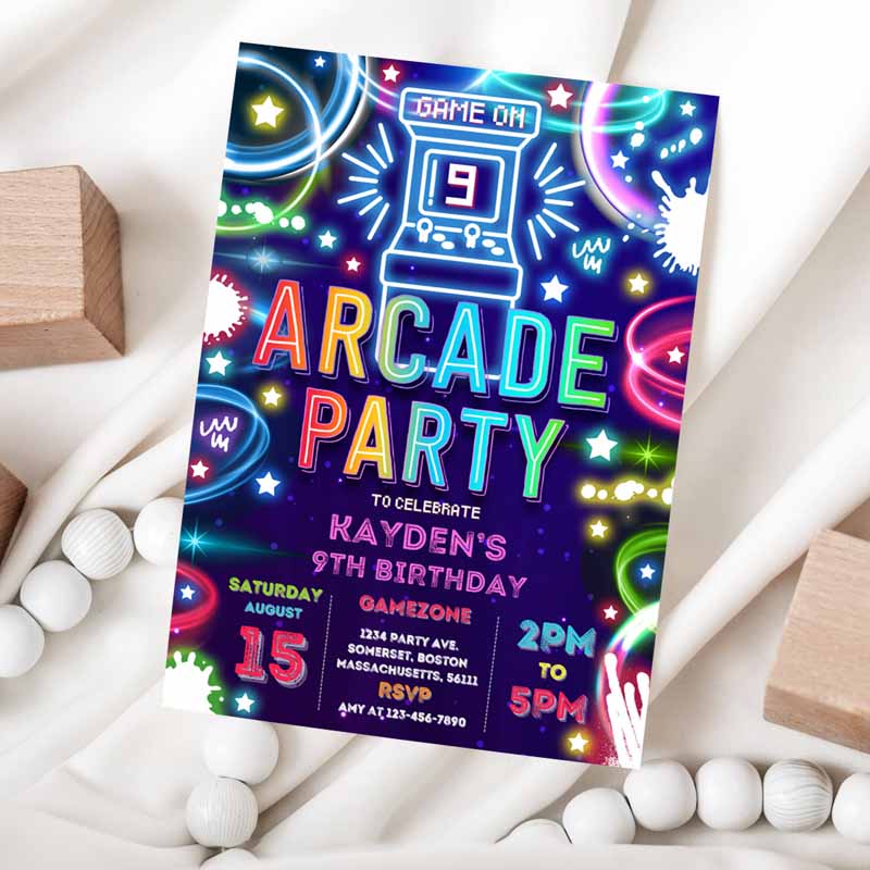 Arcade Party, Kids Birthday Invitation, Boy Neon Glow Retro Video Gaming Arcade Kids Birthday Party, Neon Glow Gaming Party