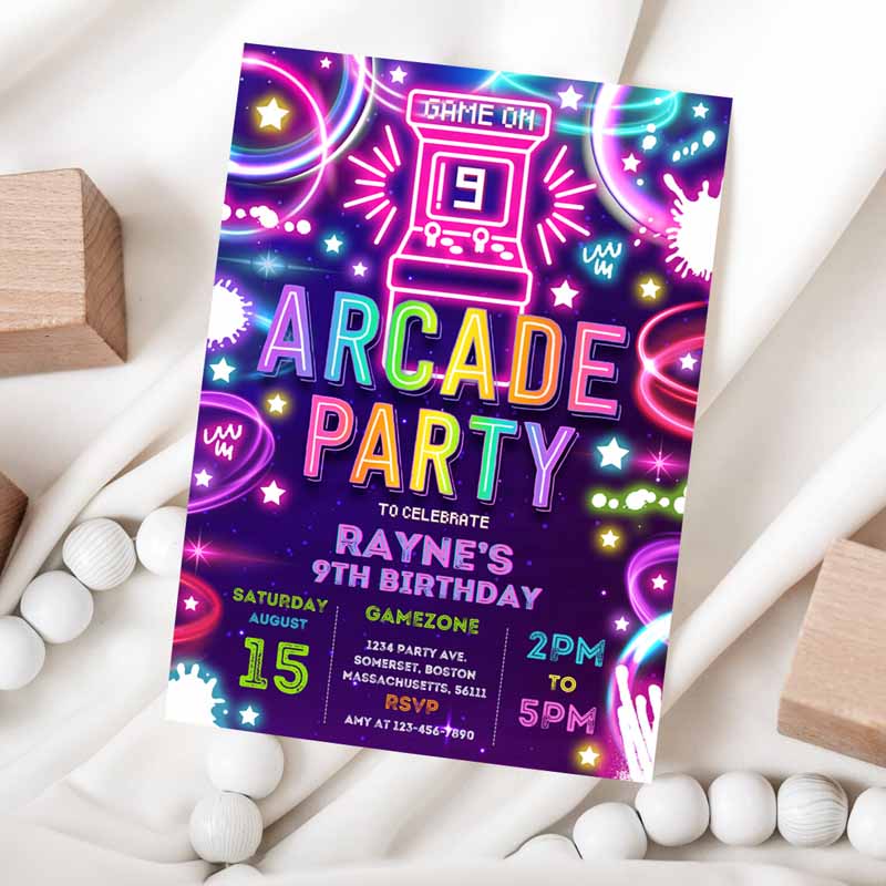 Arcade Party, Kids Birthday Invitation, Neon Glow Retro Video Gaming Arcade Kids Birthday Party, Neon Glow Gaming Party