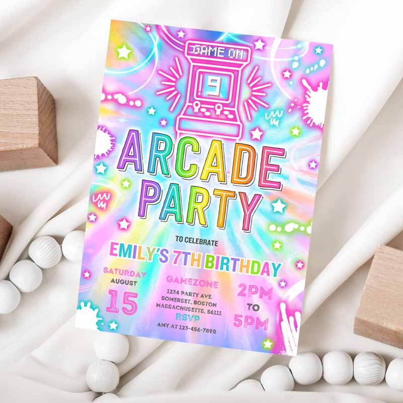 Arcade Party, Kids Birthday Invitation, Tie Dye Neon Video Gaming Arcade Kids Birthday Party, Light Neon Glow Gaming Party