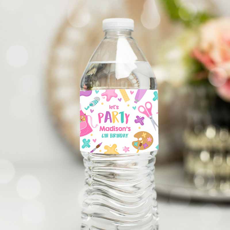 Art Kids Birthday Party, Water Bottle Wrap Painting Party, Pink Arts And Crafts Party, Gift Labels Tags, Favors