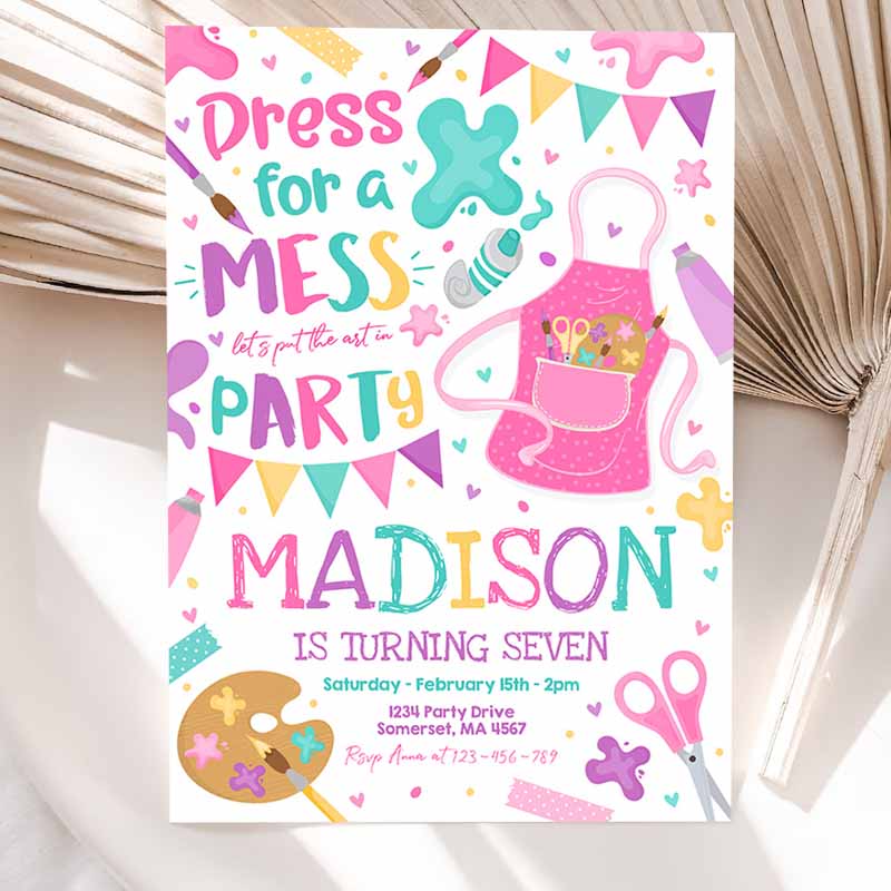 Art Party Invitation, Painting Party, Kids Birthday Invitation, Girly Pink Craft Party, Girly Art Party, Craft Party