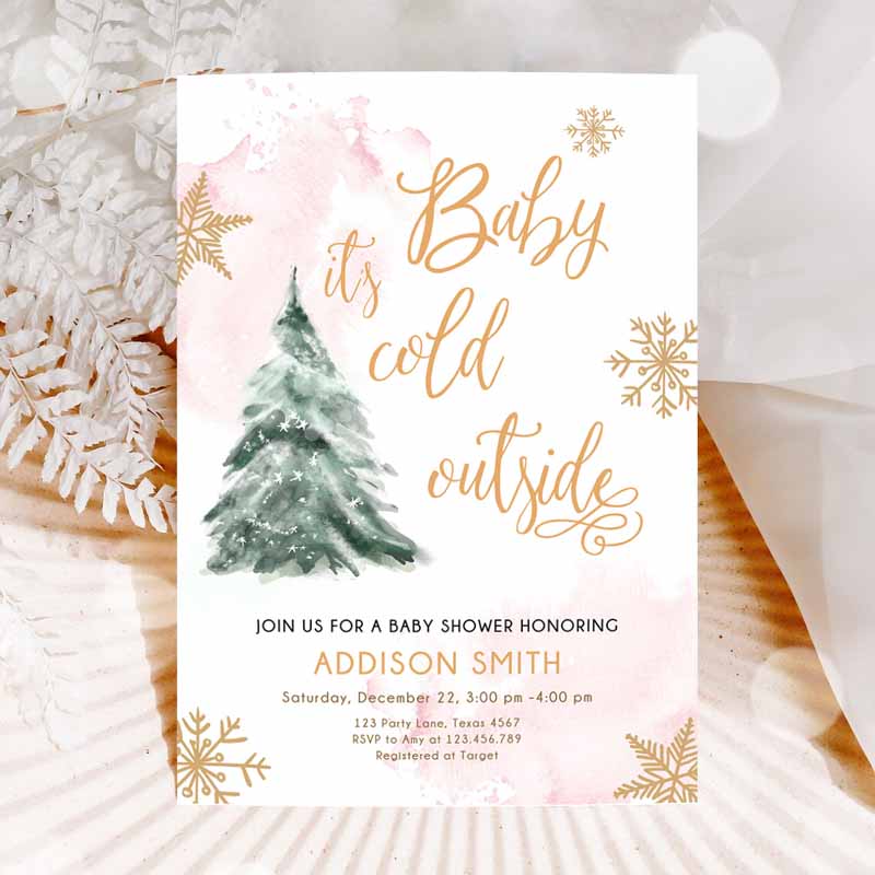 Baby Its Cold Outside Baby Shower Invitation, Winter Baby Shower Girl Blush Pink Gold Watercolor Tree