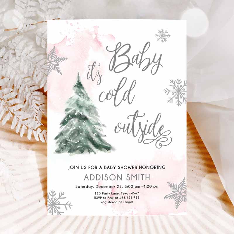 Baby Its Cold Outside Baby Shower Invitation, Winter Baby Shower Girl Blush Pink Snow Watercolor Tree