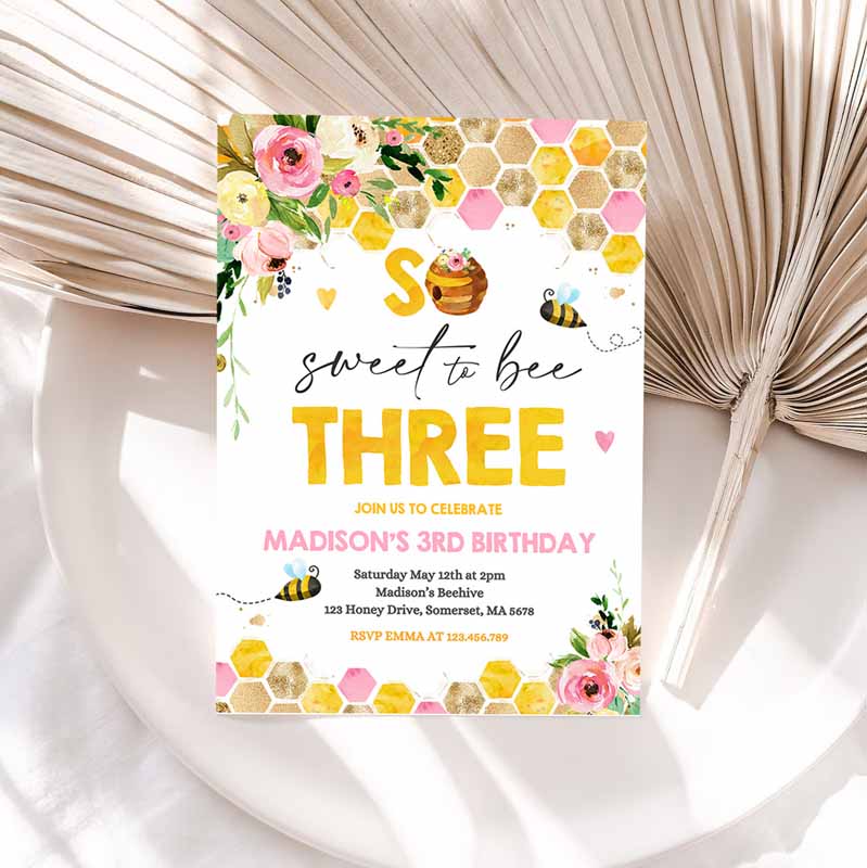 Bee Kids Birthday Invitation, Honey Bee Kids Birthday, Pink Yellow Floral Bumble Bee Party, So Sweet To Beeree Party