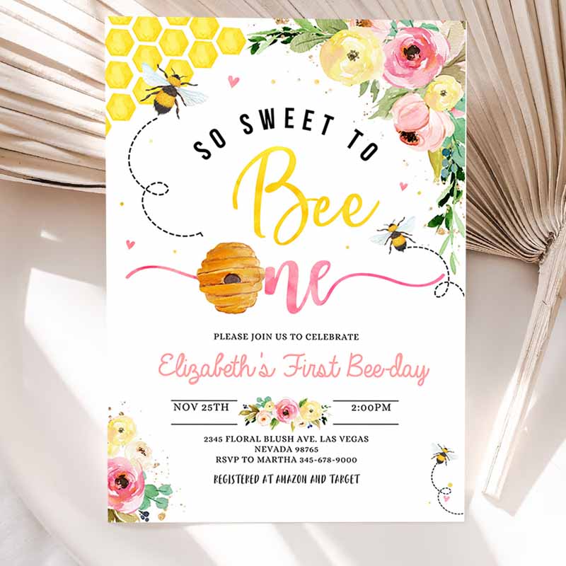 Bee Kids Birthday Invitation, Honey Bee Girl Kids Birthday Party, Bee Kids Birthday, So Sweet To Bee One Party, Bee-Day Kids Birthday Party