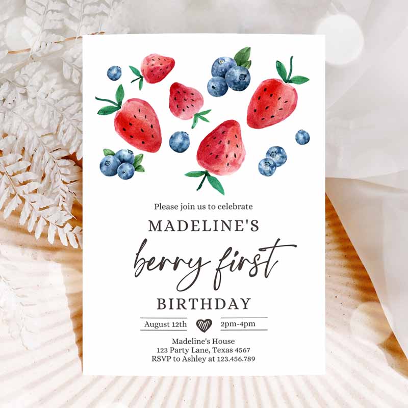 Berry Sweet Kids Birthday Invitation, Blueberry Strawberry Picking Party, Farmers Market Twin