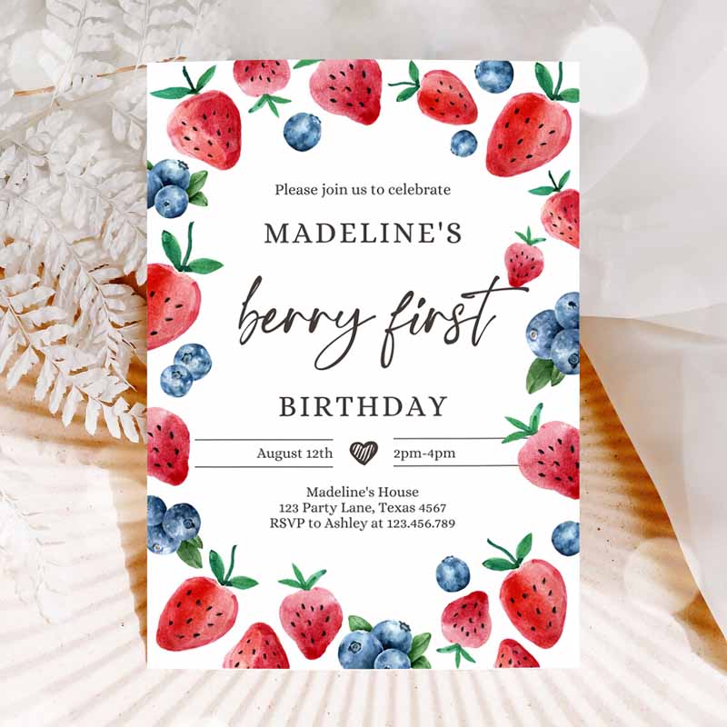 Berry Sweet Kids Birthday, Invite Blueberry Strawberry Picking Party, Farmers Market Twin