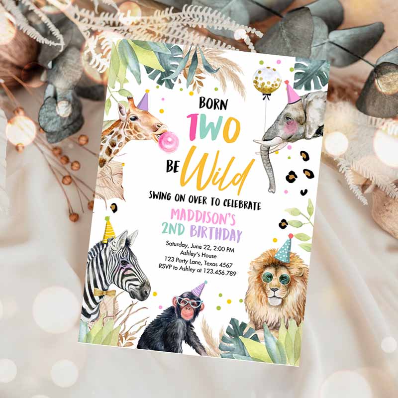 Kids Birthday Invitation, Girl Born Two Be Wild Animals Invite Safari Zoo Kids Birthday