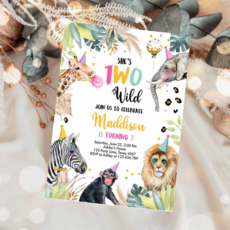 Kids Birthday Invitation, Girl Two Wild Animals Invite Pink and Gold Safari Zoo