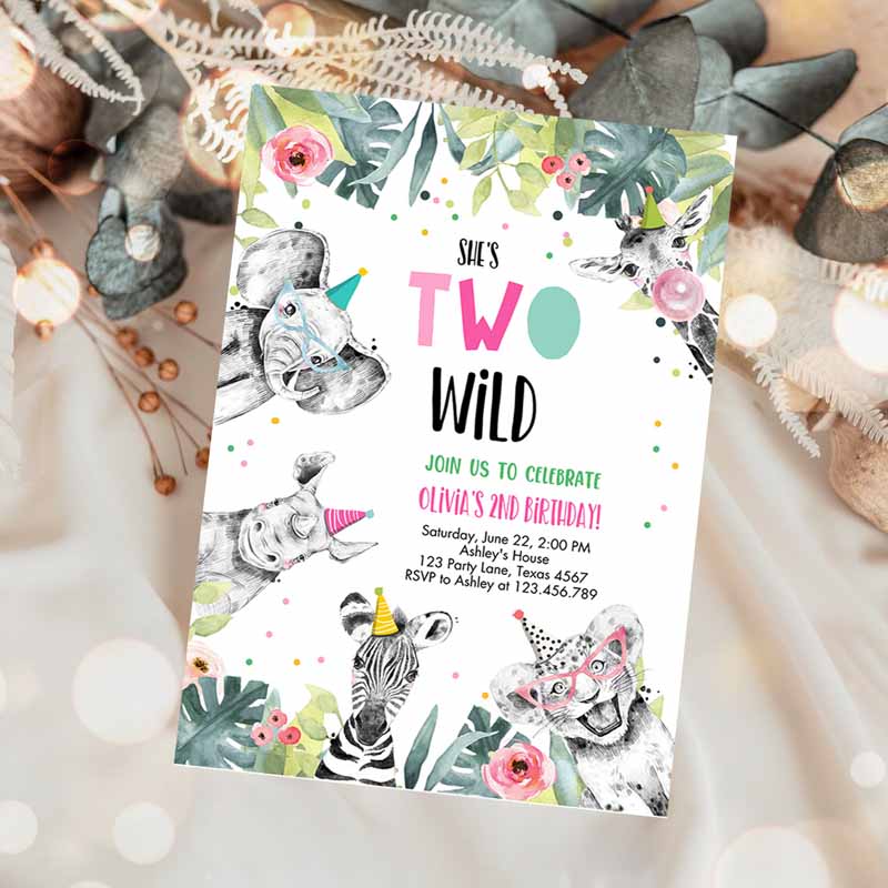 Kids Birthday Invitation, Girl Two Wild Animals Invite Pink and Gold Safari Zoo Invitation