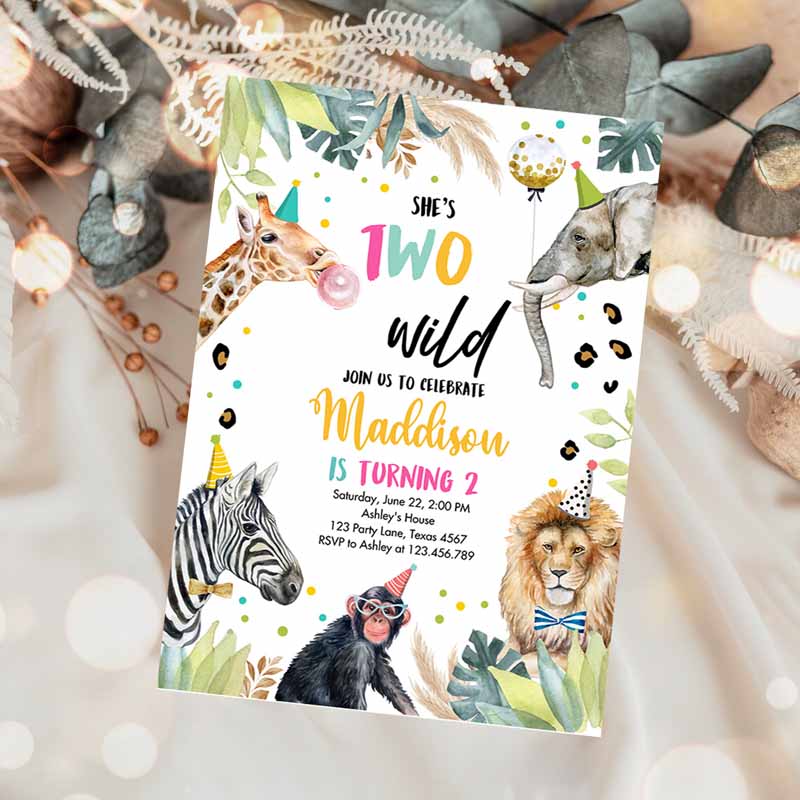 Kids Birthday, Girl Two Wild Animals Invite Pink and Gold Safari Zoo