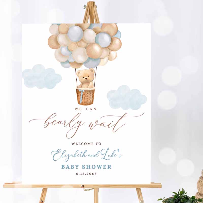 Blue Hot Air Balloon Boho Blue Bear We Can Bearly Wait Baby Shower Welcome Sign, Decor Decors