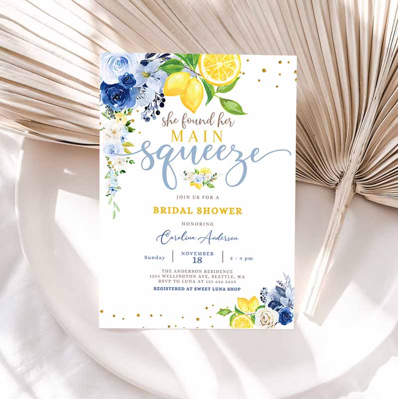 Blue Lemon Bridal Shower Invitation, Blue Floral Citrus She Found Her Main Squeeze