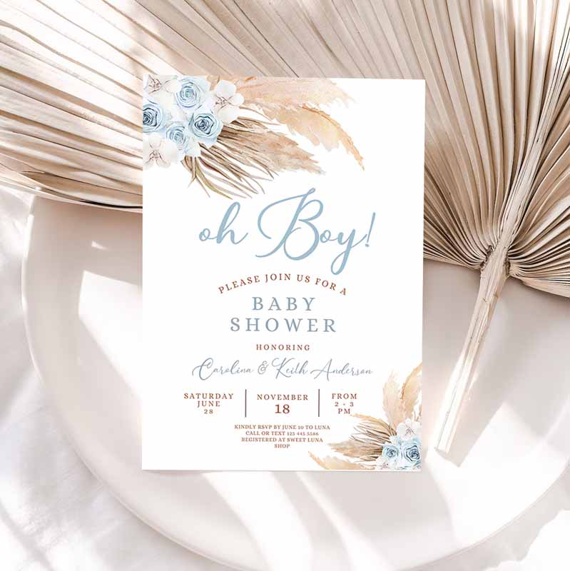 Blue Pampas Grass Boho Baby Shower Invitation, Boy Minimalist Pastel Baby Shower