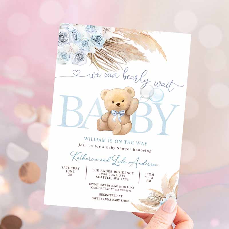 Blue Pampas Grass We Can Bearly Wait Blue Boy Boho Teddy Bear Baby Shower Invitation