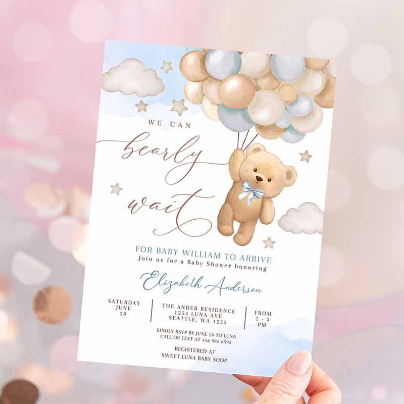 Blue We Can Bearly Wait Teddy Bear Balloon Beareme Baby Shower Invitation