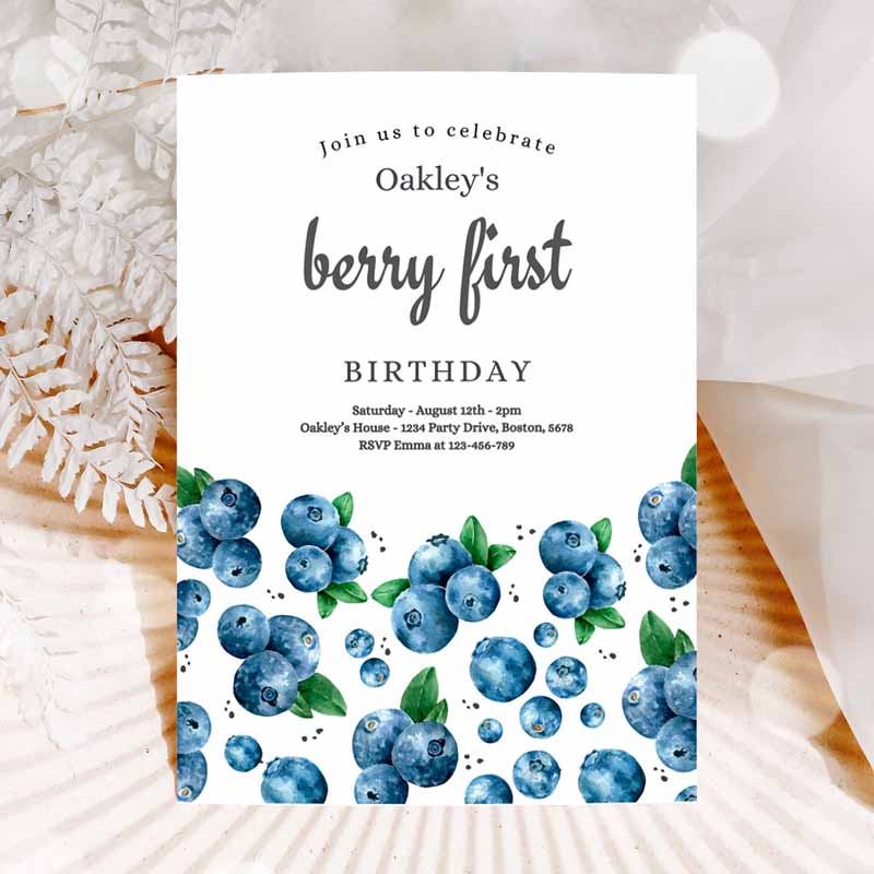 Blueberry Kids Birthday Invitation, Berry Sweet Kids Birthday Invitation, Summer Fruit Berries Kids Birthday Party