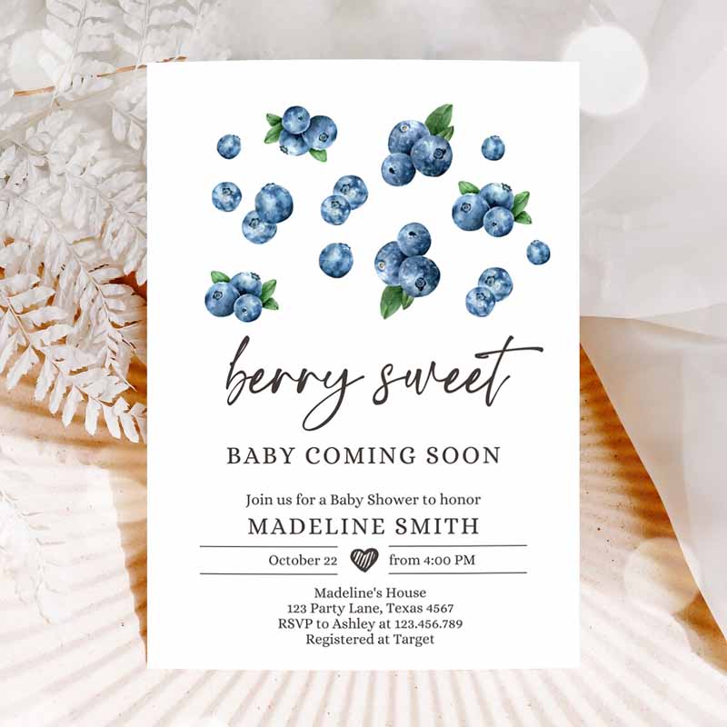 Blueberry Baby Shower Invitation, Cute Berry Sweet Baby Boy Blueberries Summer Fruit