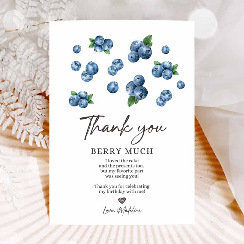 Blueberry Thank You Card Berry First Kids Birthday, Berry Sweet Farmers Market Blueberries Boy