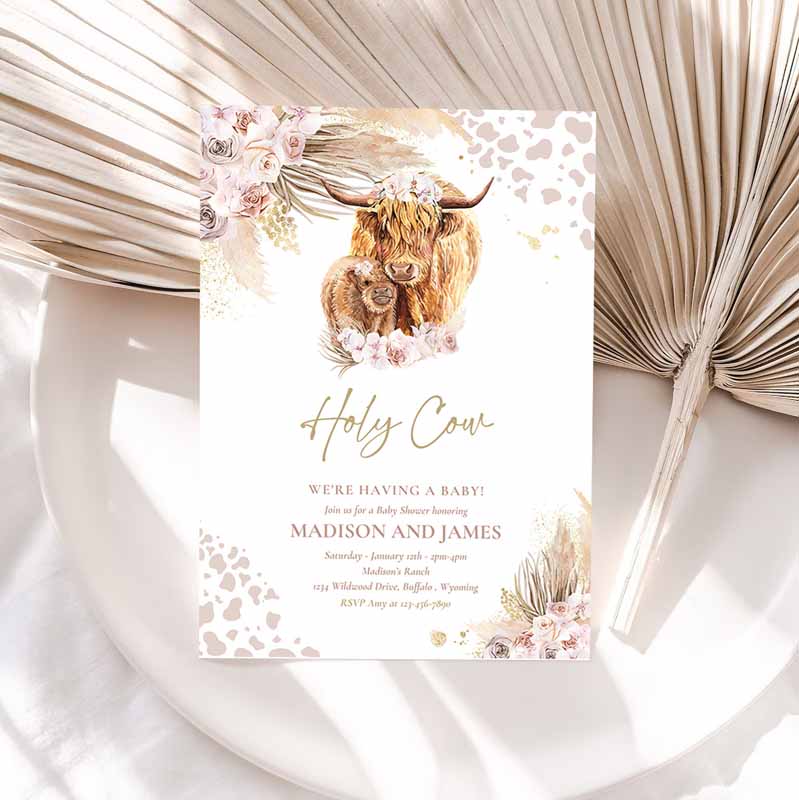 Boho Cow Baby Shower Invitation, Holy Cow We're Having A Baby Pink Pampas Grass Boho Highland Cow Baby Shower