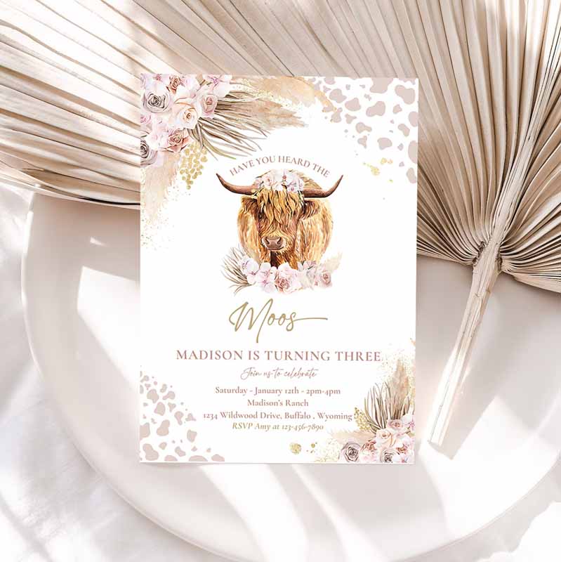 Boho Cow Kids Birthday, Have You Hearde Moos Kids Birthday, Pampas Grass Highland Cow Party