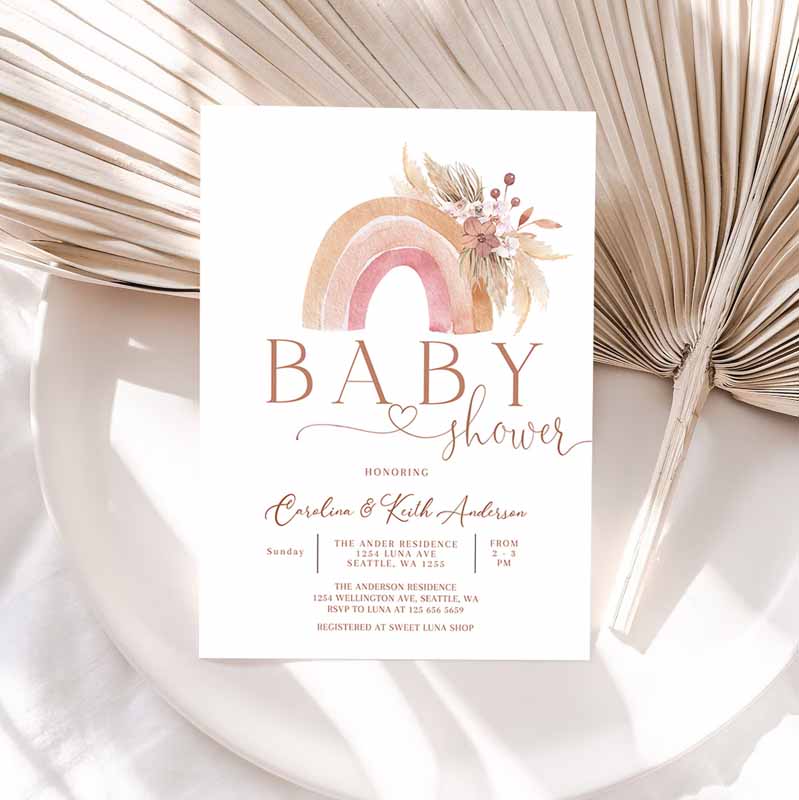 Boho Rainbow Baby Shower Invitation, Pink Pampas Grass Boho Rainbow Baby Shower