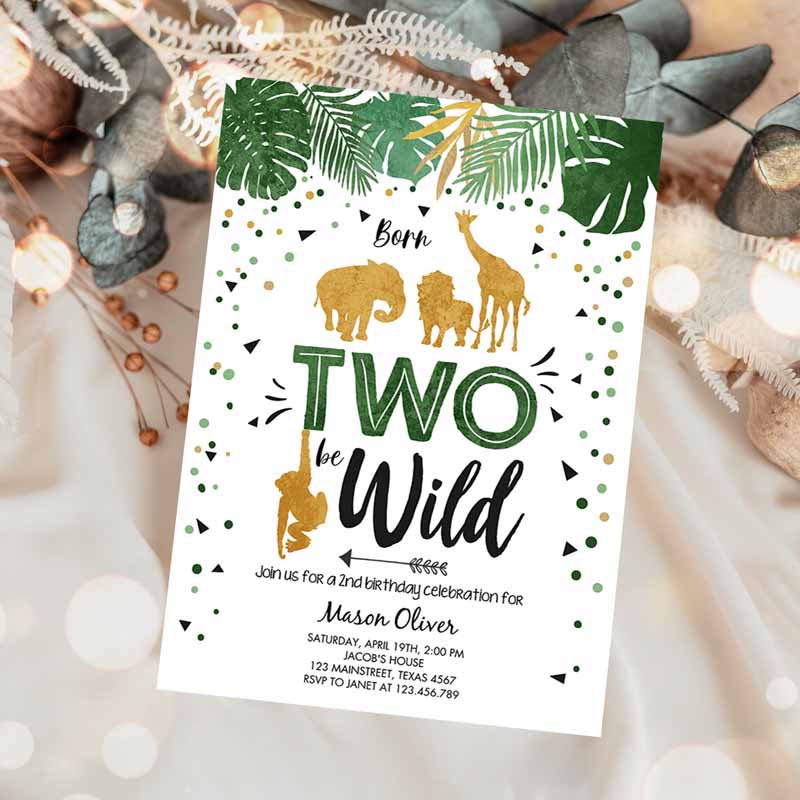 Born Two Be Wild Kids Birthday Invitation, Boy Animals Jungle Safari Green Gold Kids Birthday