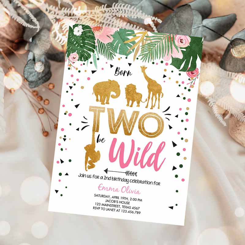 Born Two Be Wild Kids Birthday Invitation, Girl Animals Jungle Safari Pink Gold Kids Birthday