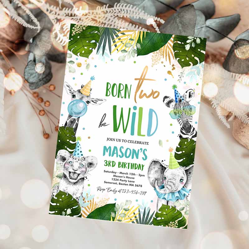 Born Two Be Wild Kids Birthday Invitation, Safari Animal Invite Born Two Be Wild Kids Birthday, Monochrome Jungle Party