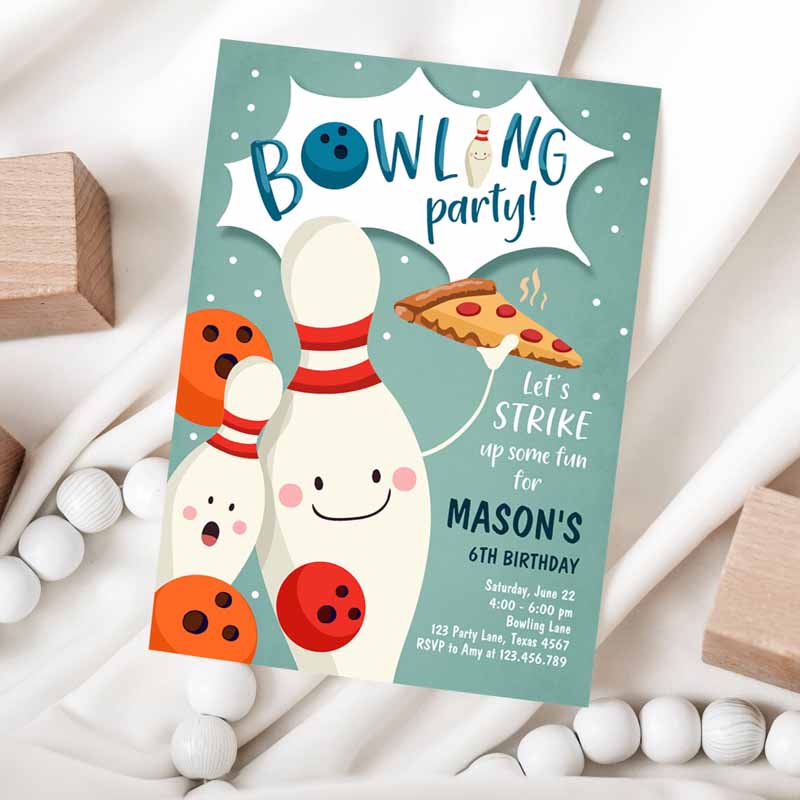 Bowling Kids Birthday Invitation,rike Up Some Fun Boy Bowling Party, Pizza Blue Orange