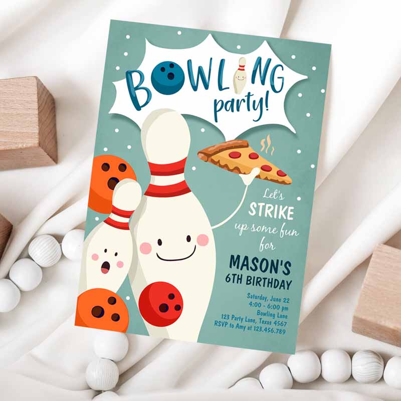 Bowling Kids Birthday Invitation,rike Up Some Fun Boy Bowling Party, Pizza Blue Orange Party Invitation