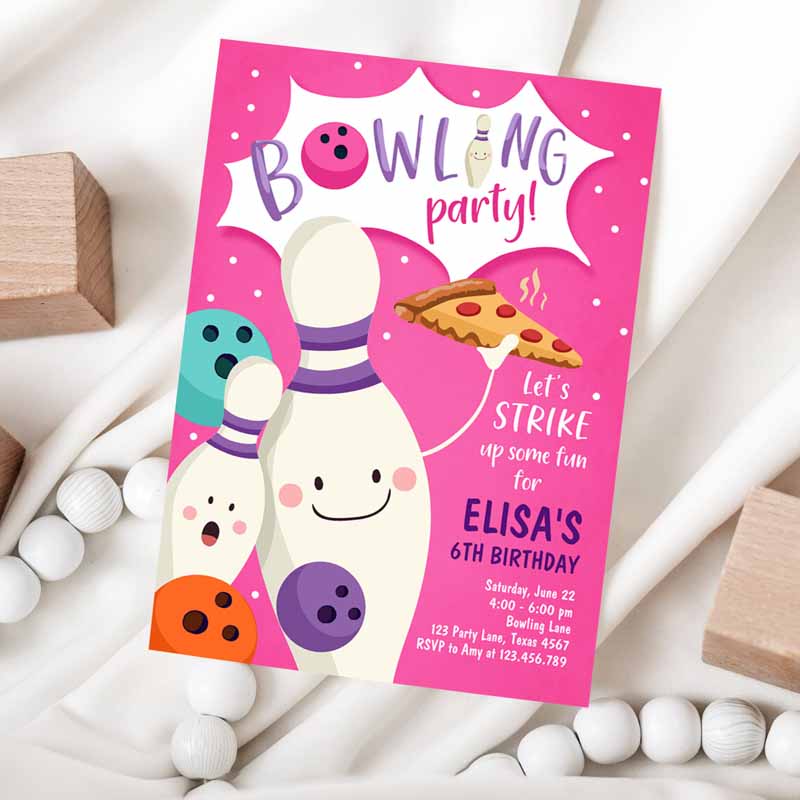 Bowling Kids Birthday Invitation,rike Up Some Fun Girl Bowling Party, Pizza Pink Purple