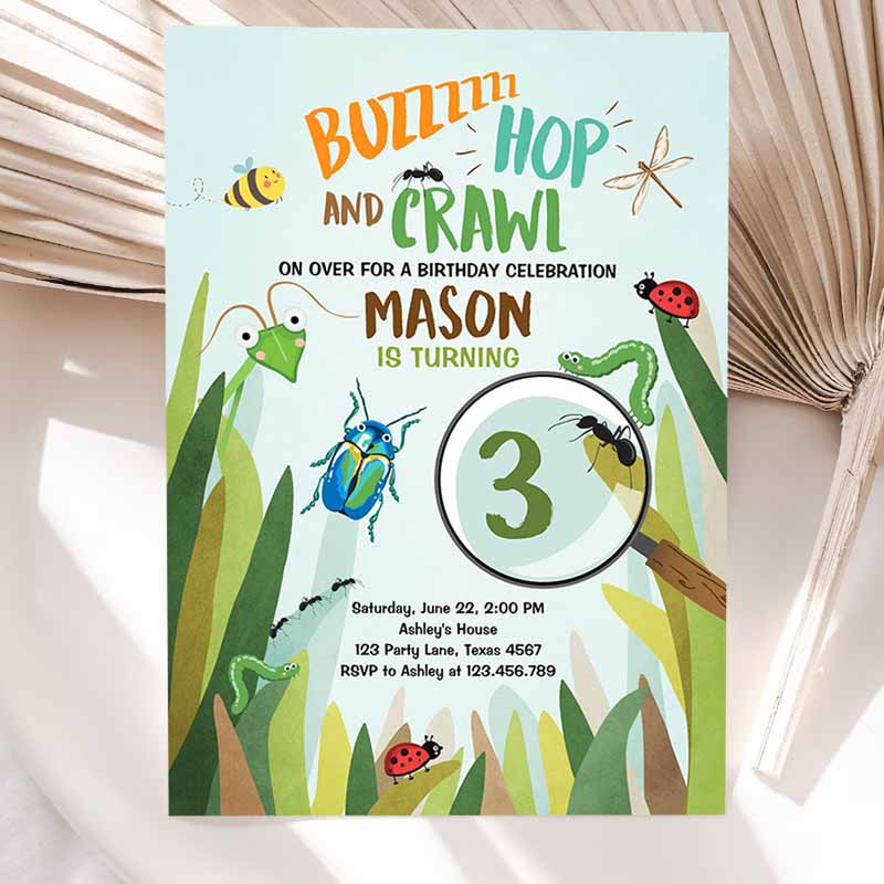 Bug Kids Birthday Invitation, Insect Party, Invite Bugging Outdoor bug Hunt Bugs Boy Invitation